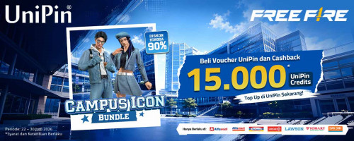 Campus Icon Bundle FF Lagi Hits! Top Up sekarang & dapatkan Cashback hingga 15.000 UniPin Credits
